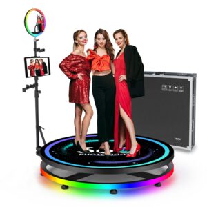foncusun 360 photo booth machine for parties with rgb ring light, remote control, customizable logo, 360 slow motion photo video booth machine for 1-3 people stand 26.8inch pro 68cm with flight case