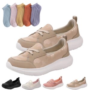 lelebear onecomfy orthopedic shoes for women, slip on arch support walking shoes comes with 5 pairs breathable cotton socks (khaki, 8)