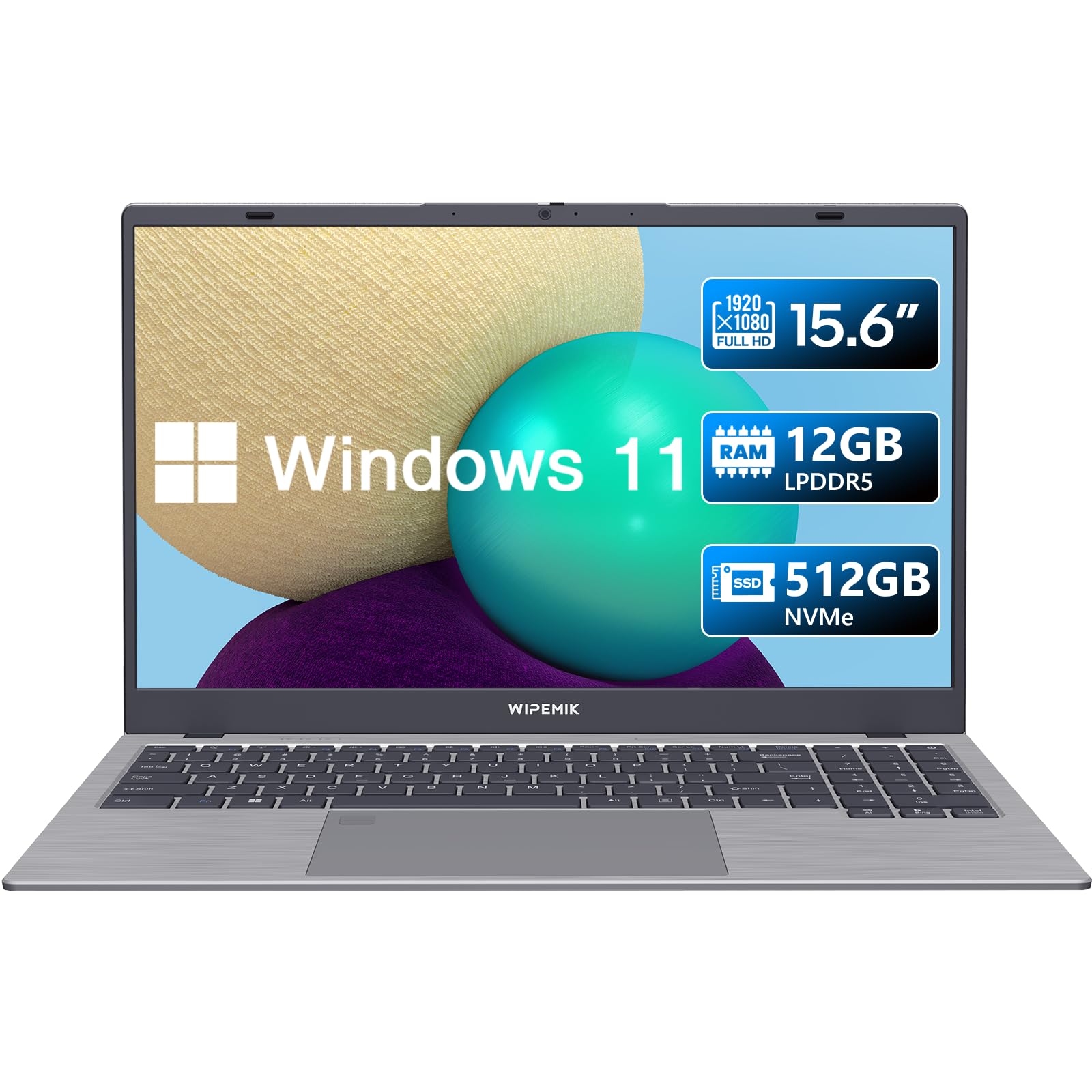 WIPEMIK Laptop, 12GB LPDDR5 RAM 512GB NVMe SSD Laptop Computer, 4-Core N95 Processor, 15.6 Inch 1080P IPS Display Win11 Pro Laptops, 2.4G/5G WiFi, BT 5.0, Ethernet, USB Type-C, Fingerprint