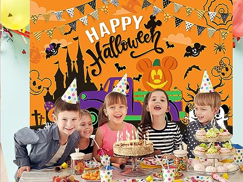 YUNKELIU Cartoon Mouse Happy Halloween Backdrop, Mouse Halloween Theme Party Decorations Happy Halloween Backdrop Banner Halloween Party Decorations for Halloween Indoor Outdoor Party Supplies