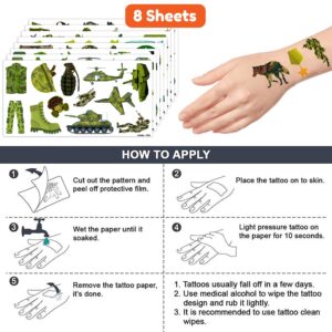 96 PCS Military Camouflage Temporary Tattoos Theme Army Birthday Party Decorations Supplies Favors Decor Camo Soldier Tank Helicopter Tattoo Stickers Gifts For Kids Adults Boys Girls Prizes Carnival