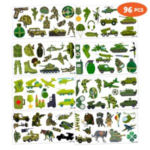 96 PCS Military Camouflage Temporary Tattoos Theme Army Birthday Party Decorations Supplies Favors Decor Camo Soldier Tank Helicopter Tattoo Stickers Gifts For Kids Adults Boys Girls Prizes Carnival