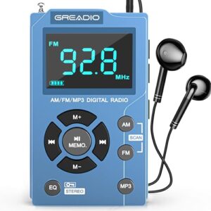 greadio radios portable am fm with mp3 player,best reception pocket radio, large lcd screen and easy to use, 6 eq stereo,earphone jack walkman radio,for jogging,walking,camping am fm radio