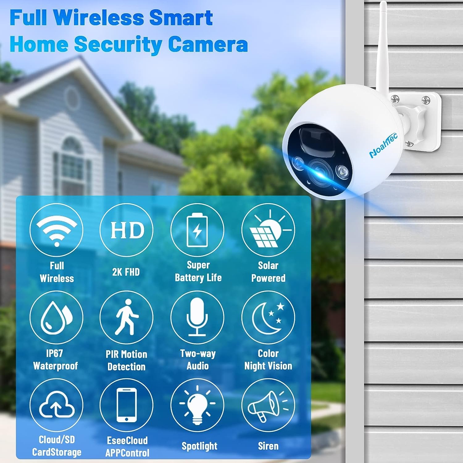 NoahTec Solar Security Cameras Wireless Outdoor, 2K HD Battery Solar Powered Cameras for Home Security Outside AI Motion Detection Siren, Spotlight Night Vision Two Way Talk (2.4GHz WiFi)