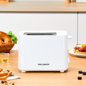 Toaster 2 Slice, NIKLEMON Small Compact Plastic Toaster with 6 Browning Levels and Defrost, Reheat and Cancel 3 Functions, Removable Crumb Tray, Under Base Cord Storage, White