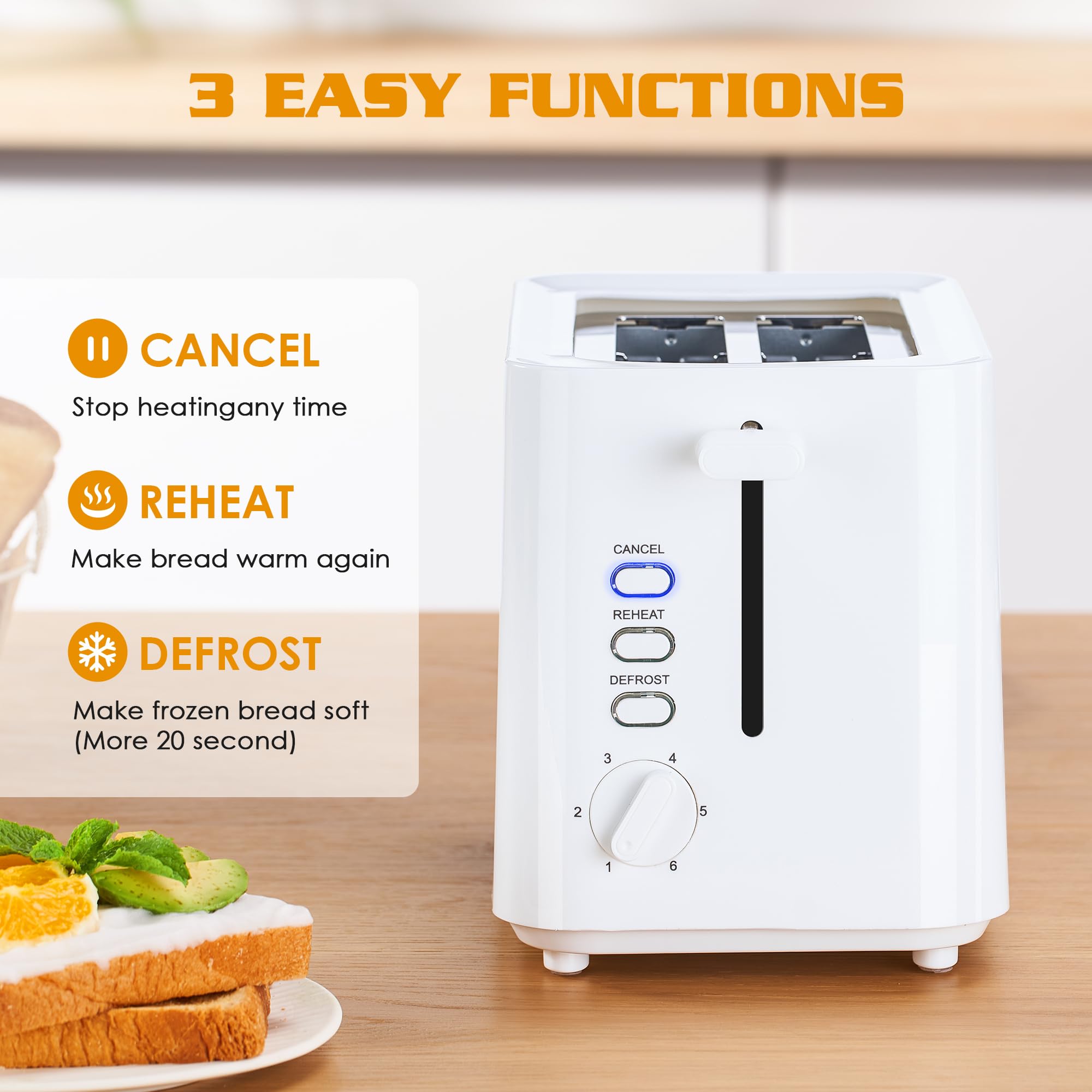 Toaster 2 Slice, NIKLEMON Small Compact Plastic Toaster with 6 Browning Levels and Defrost, Reheat and Cancel 3 Functions, Removable Crumb Tray, Under Base Cord Storage, White