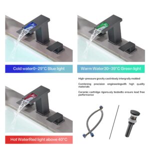 Tai Doo Bathroom Sink Faucet, 3-Piece Waterfall LED Light, 3 Hole, Black, Brass Stainless Steel, Widespread, for Bathroom & RV Sinks