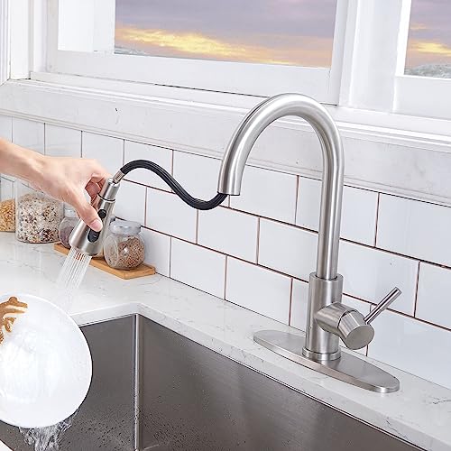 VCCUCINE Kitchen Faucet with Pull Down Sprayer, Brushed Nickel Faucet for Kitchen Sink, Small High Arc RV Stainless Steel Single Handle Pull Out Kitchen Sink Faucet