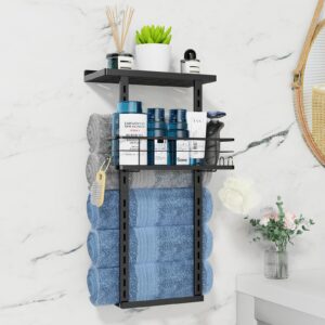 johamoo towel racks for bathroom, wall mounted towel rack for rolled towels with shelf, camping chair storage for garage, multifunctional metal storage rack wall holder organizer with storage basket