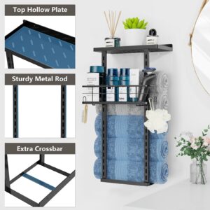 Johamoo Towel Racks for Bathroom, Wall Mounted Towel Rack for Rolled Towels with Shelf, Camping Chair Storage for Garage, Multifunctional Metal Storage Rack Wall Holder Organizer with Storage Basket