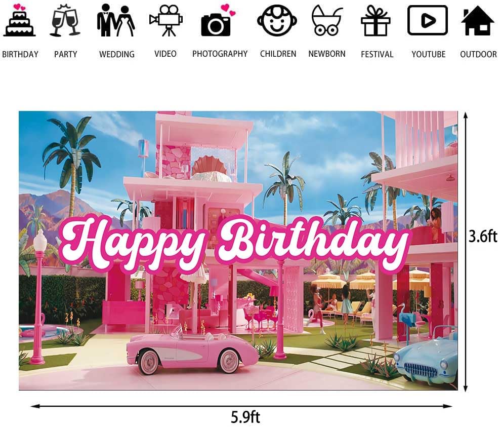 5.9 x 3.6 ft Pink Dream House Theme Birthday Backdrop Hot Pink Girls Birthday Party Decorations Princess Photography Background Movie Theme Banner Supplies