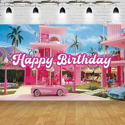 5.9 x 3.6 ft Pink Dream House Theme Birthday Backdrop Hot Pink Girls Birthday Party Decorations Princess Photography Background Movie Theme Banner Supplies