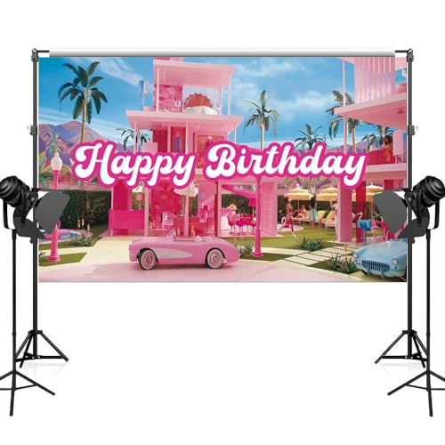 5.9 x 3.6 ft Pink Dream House Theme Birthday Backdrop Hot Pink Girls Birthday Party Decorations Princess Photography Background Movie Theme Banner Supplies