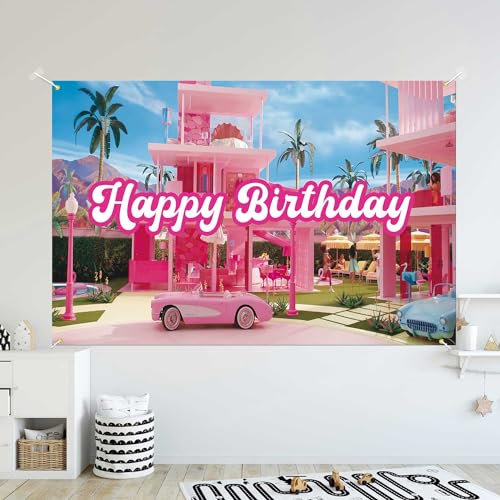 5.9 x 3.6 ft Pink Dream House Theme Birthday Backdrop Hot Pink Girls Birthday Party Decorations Princess Photography Background Movie Theme Banner Supplies