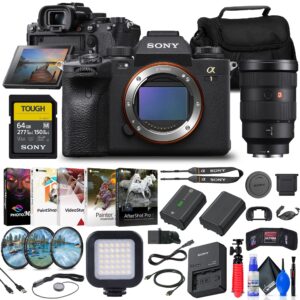 sony a1 mirrorless camera (ilce-1/b) + sony fe 24-70 lens + 64gb card + filter kit + bag + np-fz100 compatible battery + led light + corel photo software + flex tripod + hand strap + more (renewed)