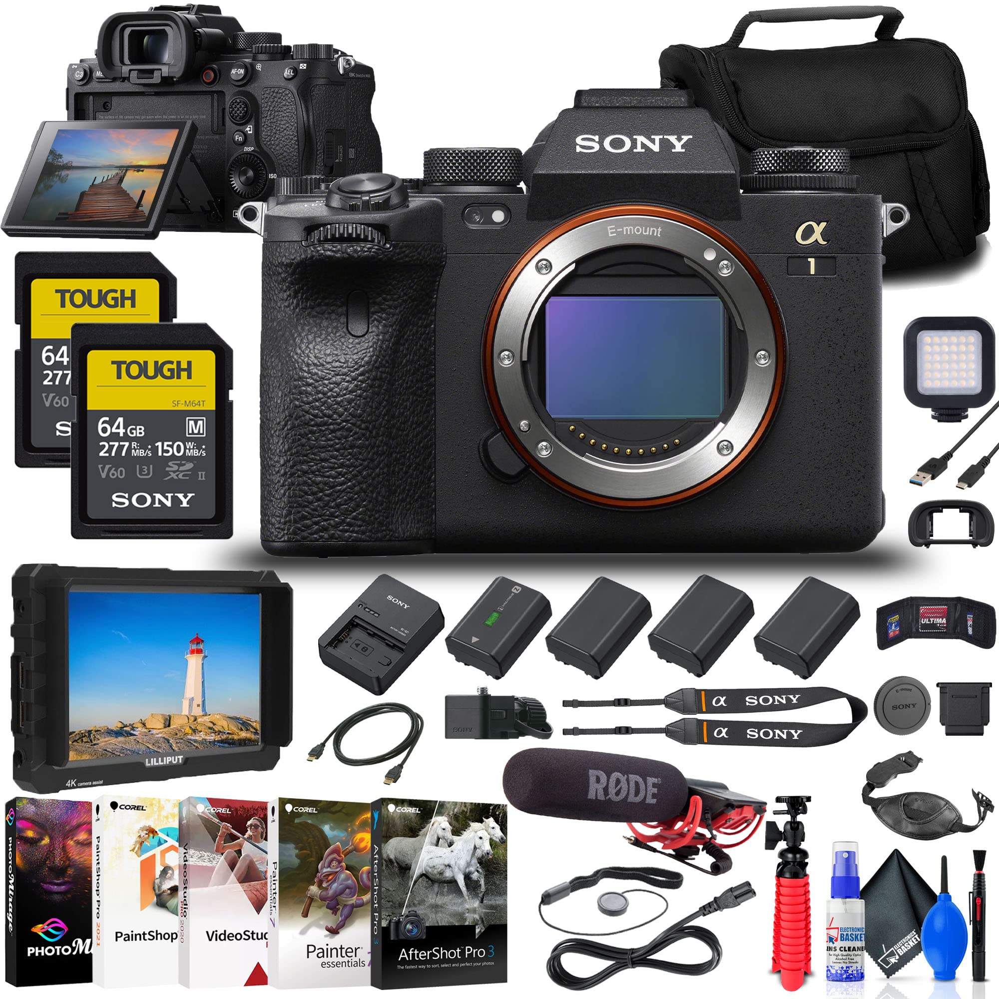 Sony a1 Mirrorless Camera (ILCE-1/B) + 4K Monitor + Rode VideoMic + 2 x 64GB Card + Bag + 3 x NP-FZ100 Compatible Battery + LED Light + Corel Photo Software + Flex Tripod + Hand Strap + More (Renewed)