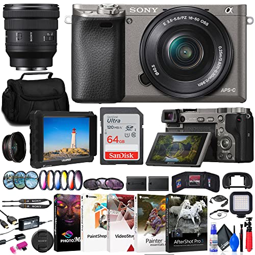 Sony Alpha a6000 Mirrorless Digital Camera with 16-50mm Lens (Graphite) (ILCE6000L/H) + Sony FE PZ 16-35mm Lens + Filter Kit + Wide Angle Lens + Bag + 64GB Card + More (Renewed)