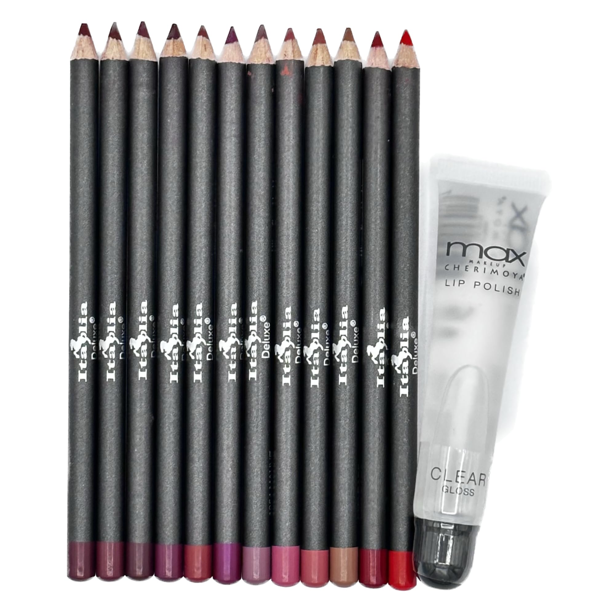 Italia Deluxe Lip Liner Ultra Fine Long-Lasting Pack of 12 and Max Makeup Cherimoya Ultra Fresh Clean Clear Lipgloss Set Variety Bundle (Colors may vary)