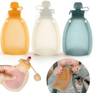 reusable silicone food pouch for baby and toddlers, squeezable pouch, squeeze pouch, easy clean silicone pouch for pre-k and school, homemade baby food storage, 4oz (orange-green-white 3 pack)