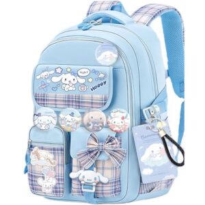 Kawaii Backpack with 18Pcs Accessories Anime Cartoon Anti-Theft Travel Aesthetic New Semester Gifts Bag with Cute Pins (Blue)