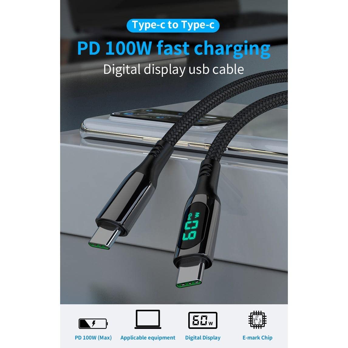 BoxWave Cable Compatible with Innioasis G1 - PowerDisplay PD Cable (6ft) - USB-C to USB-C (100W), LED Display 6 Foot PD Braided Nylon Cable - Jet Black
