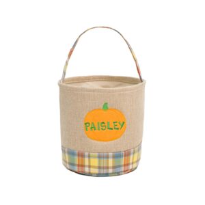mt world personalized halloween pumpkin pail canvas candy bucket large reusable trick or treat tote bags for kids halloween cookies gifts (green pumpkin)