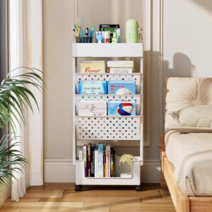 feverdes 5 tier book rack storage book shelf,mobile rolling cart with wheels,slim rolling storage cart movable rolling cart for kids children students study in bedroom living room home school-white