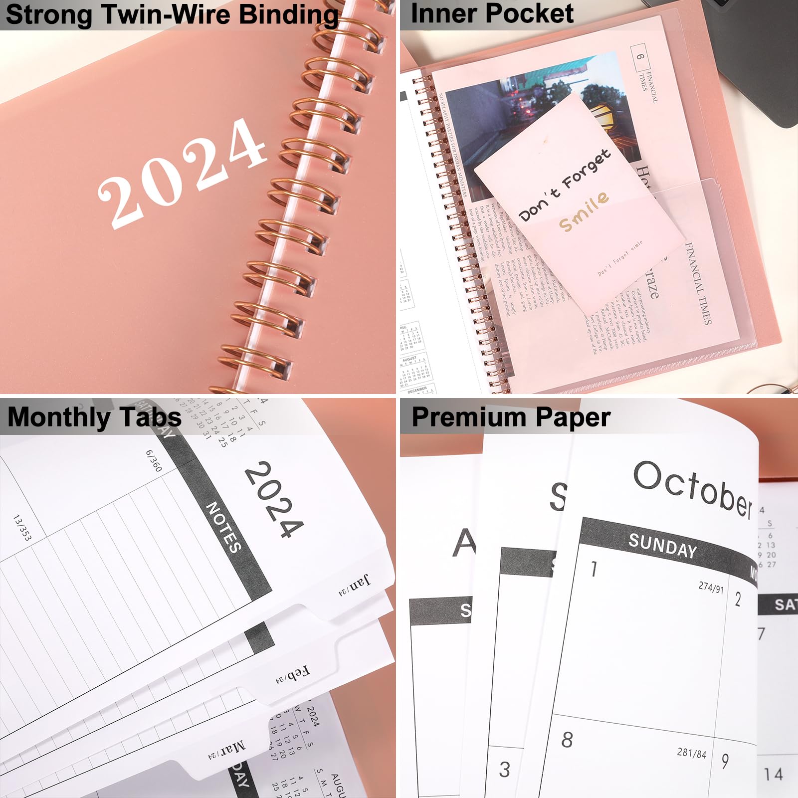 2024-2025 Monthly Planner - Monthly Planner 2024-2025, Jul. 2024 - Dec. 2025, 9" x 11", 18-Month Planner, Tabs & Pocket, Twin-Wire Binding - Rosy Pink