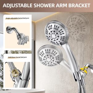High Pressure Shower Heads with Handheld 6 Spray Settings Detachable Shower Head Set with Extra Long Hose 60 Inches Multi Angle Adjustable Brass Swivel Ball Bracket for Low Water Pressure