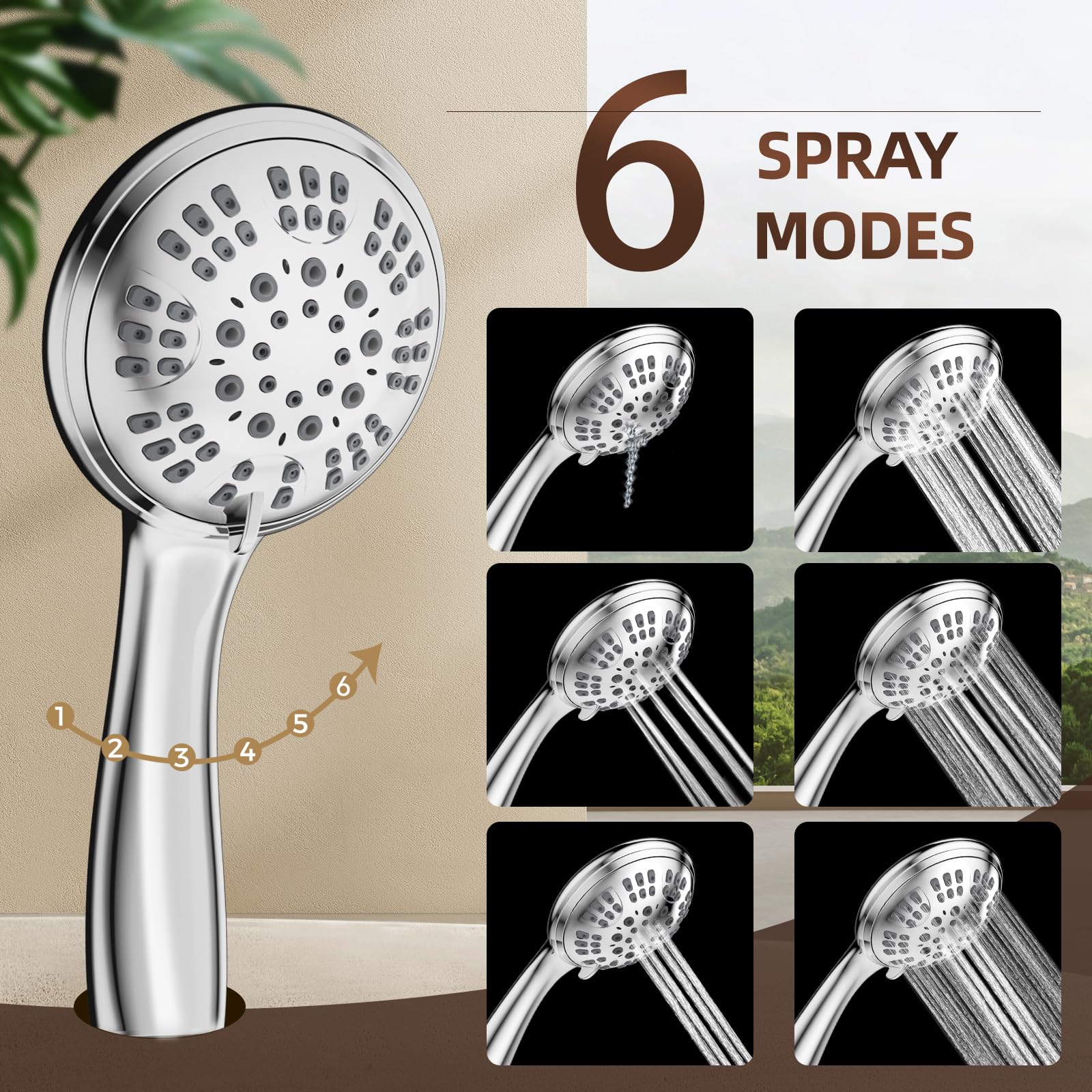 High Pressure Shower Heads with Handheld 6 Spray Settings Detachable Shower Head Set with Extra Long Hose 60 Inches Multi Angle Adjustable Brass Swivel Ball Bracket for Low Water Pressure