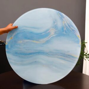meglob tempered glass lazy susan turnable for dining table, 8mm thickness marbled lazy susan, public rotating serving tray, blue lazy susan turnable, restaurant props,a⌀68cm/26.8"