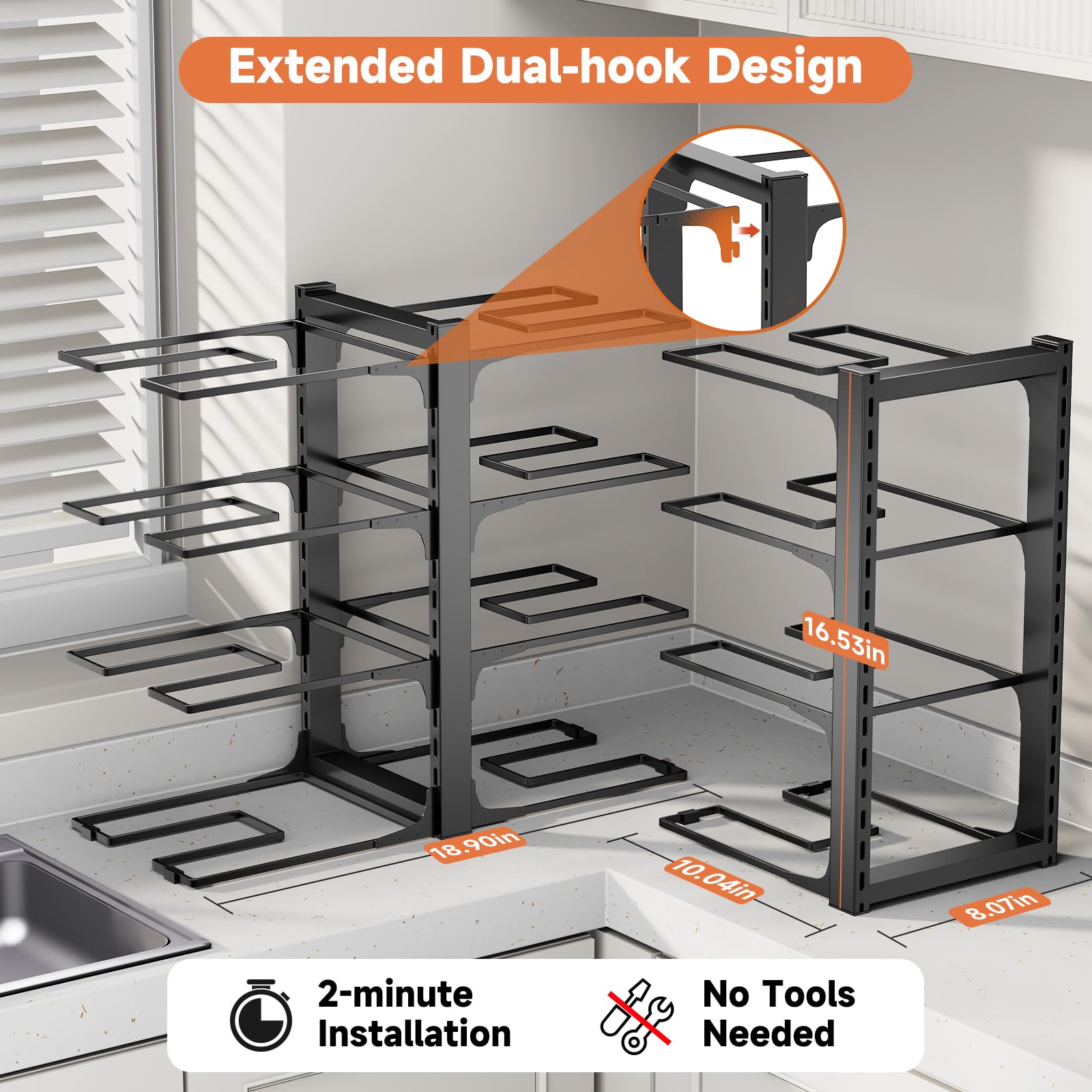 TCHCWYS Pots and Pans Organizer Rack for Cabinets, Heavy Duty 8-Tier Adjustable Pot Organizer Rack, Optimize Kitchen Organization and Storage