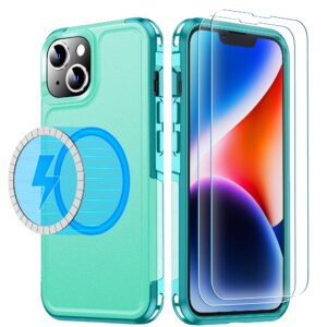 mozoter magnetic for iphone 14 case & iphone 13 case with [2 pcs glass screen protector],[12 ft shockproof compatible with magsafe][heavy duty] phone case cover for iphone 14/13,6.1"-light green