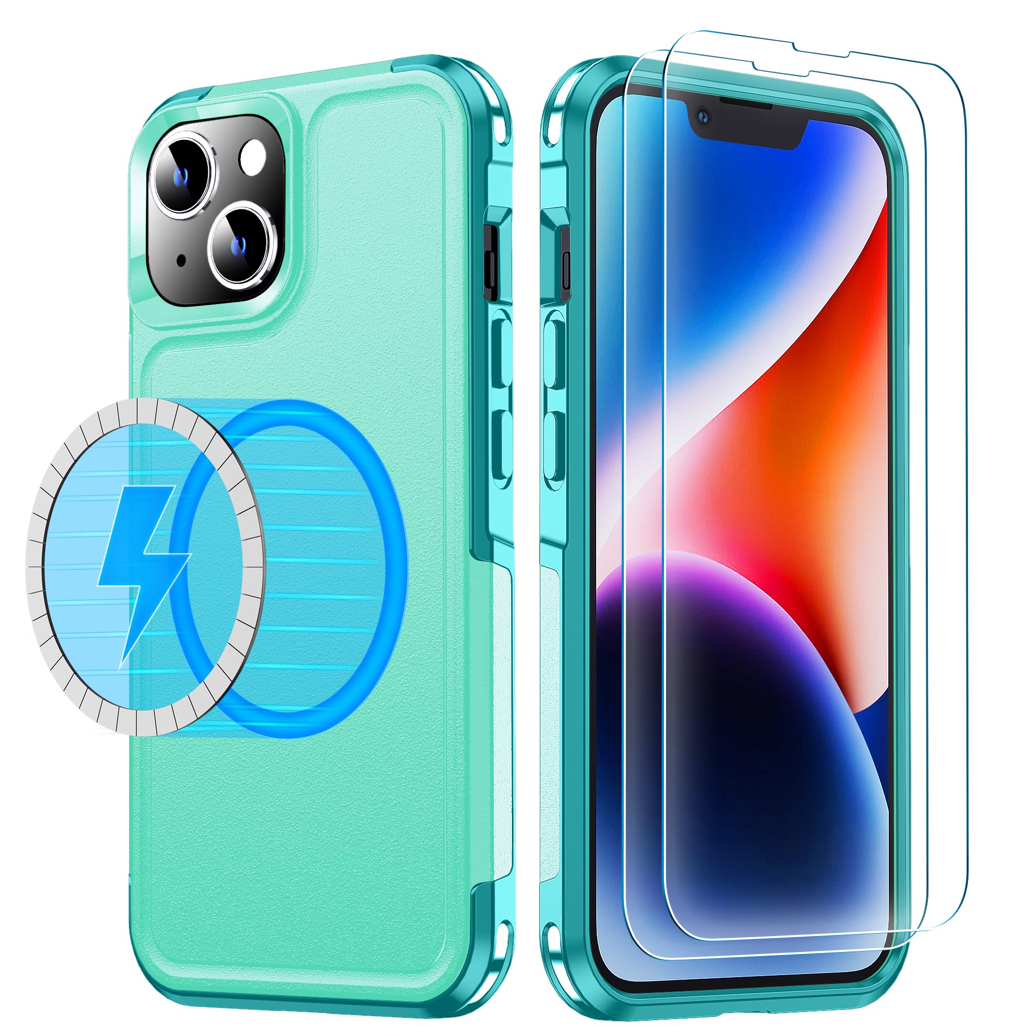 MOZOTER Magnetic for iPhone 14 Case & iPhone 13 Case with [2 Pcs Glass Screen Protector],[12 FT Shockproof Compatible with Magsafe][Heavy Duty] Phone Case Cover for iPhone 14/13,6.1"-Light Green