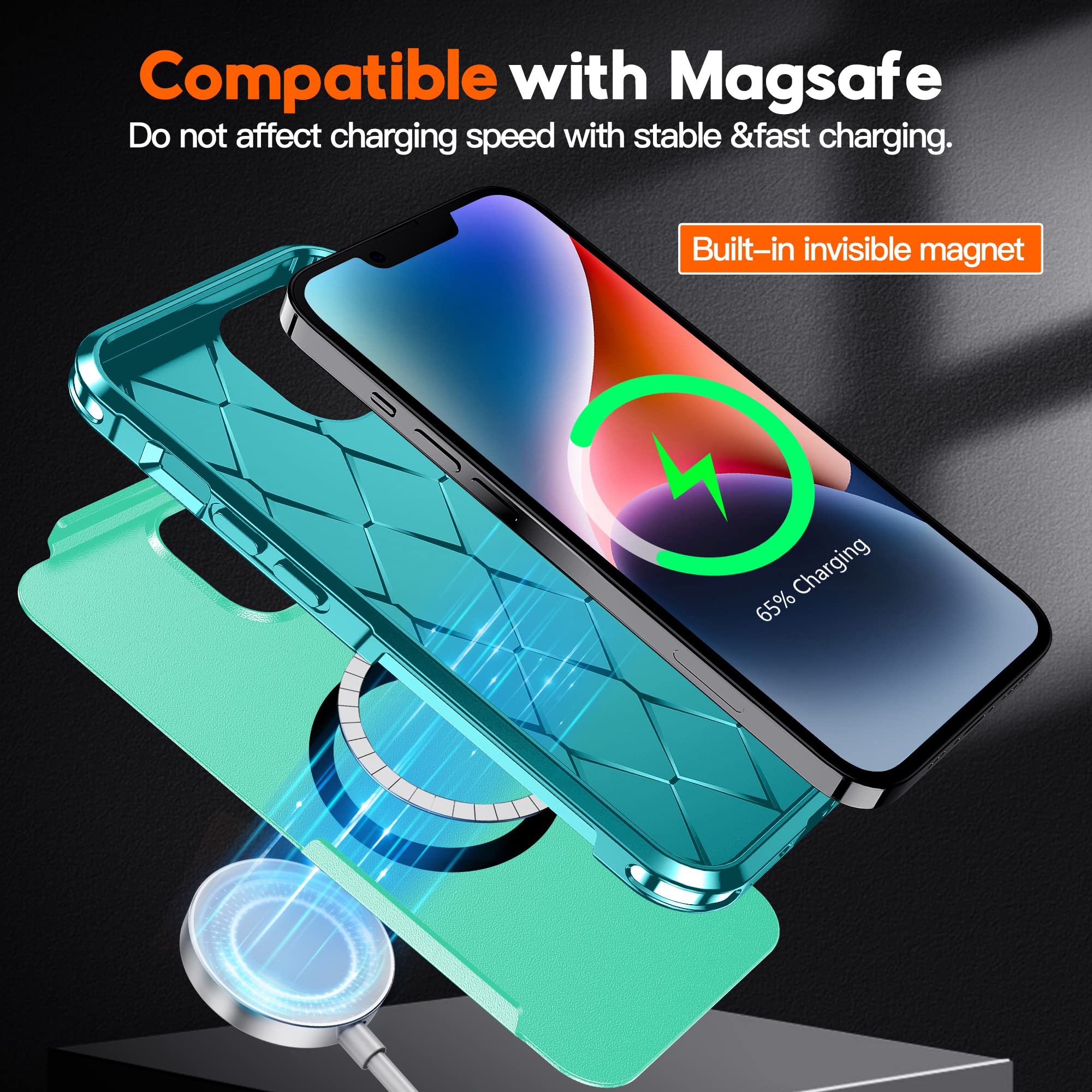 MOZOTER Magnetic for iPhone 14 Case & iPhone 13 Case with [2 Pcs Glass Screen Protector],[12 FT Shockproof Compatible with Magsafe][Heavy Duty] Phone Case Cover for iPhone 14/13,6.1"-Light Green