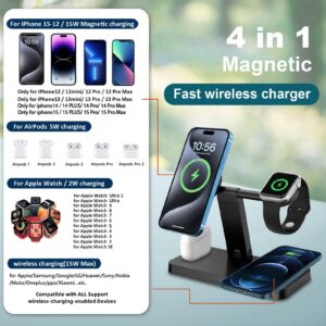 Magnetic Charging Station,PDKUAI for MagSafe 4 in 1 Fast Wireless Charger Stand for iPhone 15,14,13,12 Pro/Max/Mini/Plus, Apple Watch 9/8/7/6/SE/5/4/Ultra and Airpods Pro/3/2/1 with Adapter-Black