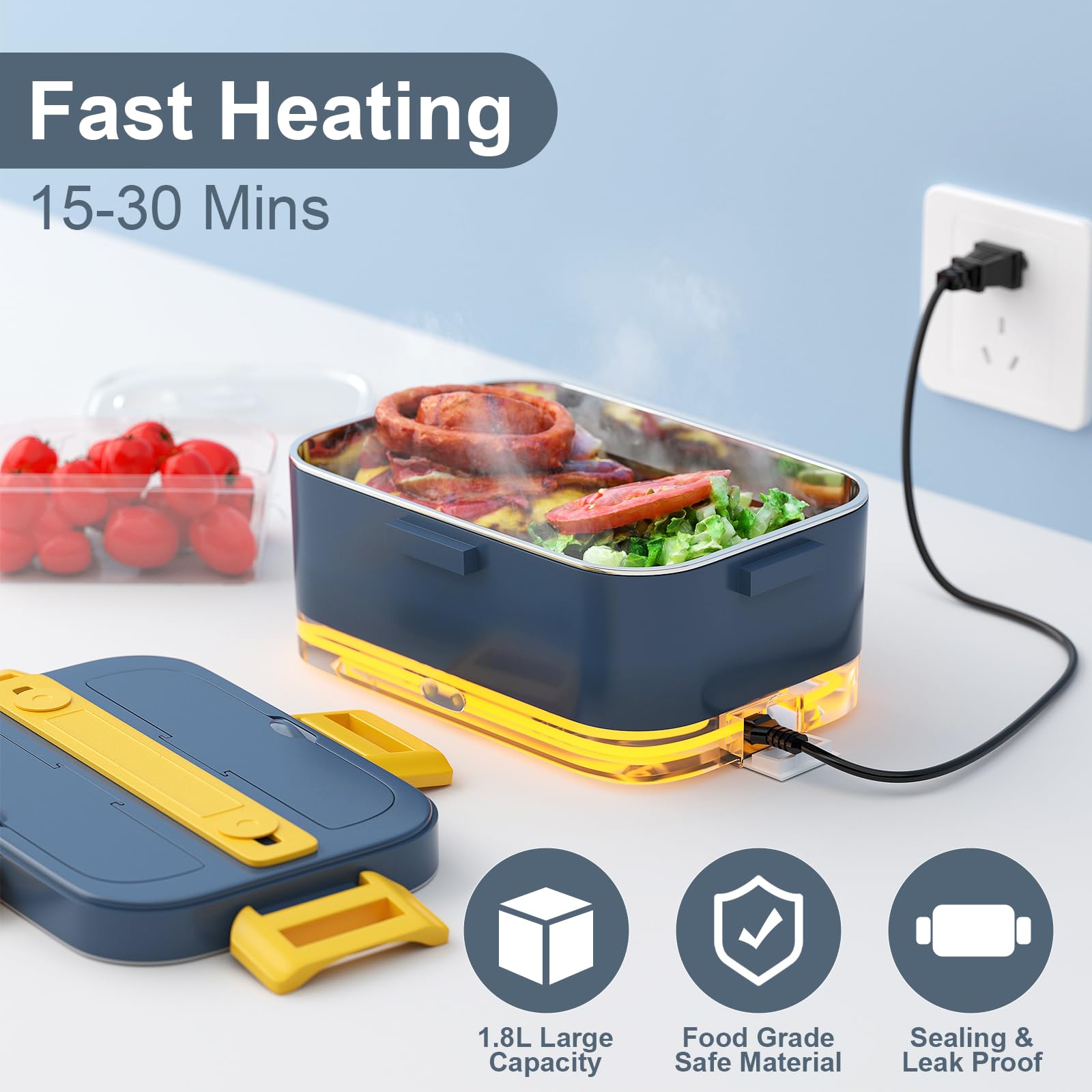 FAMLOVE Electric Lunch Box Food Heater - 1.8l Portable Lunch Warmer, Upgraded Leakproof Heated Lunch Box for work/Office/Car/Truck with fork & Spoon and Insulated Carry Bag (Blue)