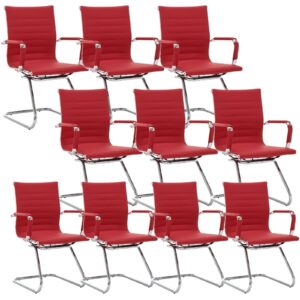 hny leather office guest chairs & reception chairs set of 10, modern waiting room chairs with arms, desk chair no wheels with sled base for waiting room/conference room, burgundy