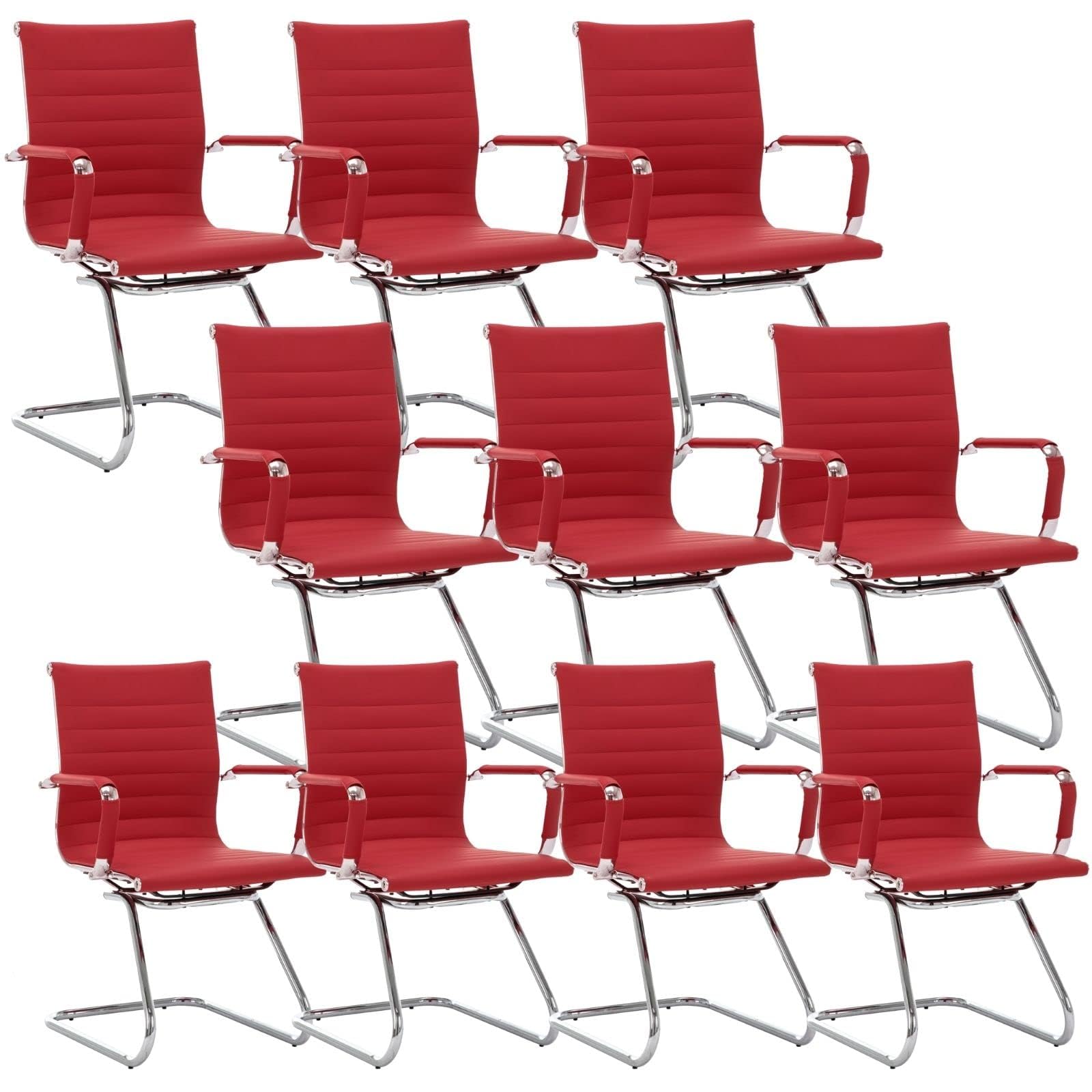 HNY Leather Office Guest Chairs & Reception Chairs Set of 10, Modern Waiting Room Chairs with Arms, Desk Chair no Wheels with Sled Base for Waiting Room/Conference Room, Burgundy