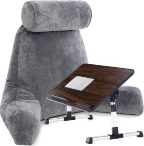 faykes adult reading pillow,backrest pillow with arms dark grey & lap desk bed tray brown memory foam reading pillows,for bed removable neck roll & laptop bed tray table,2pcs