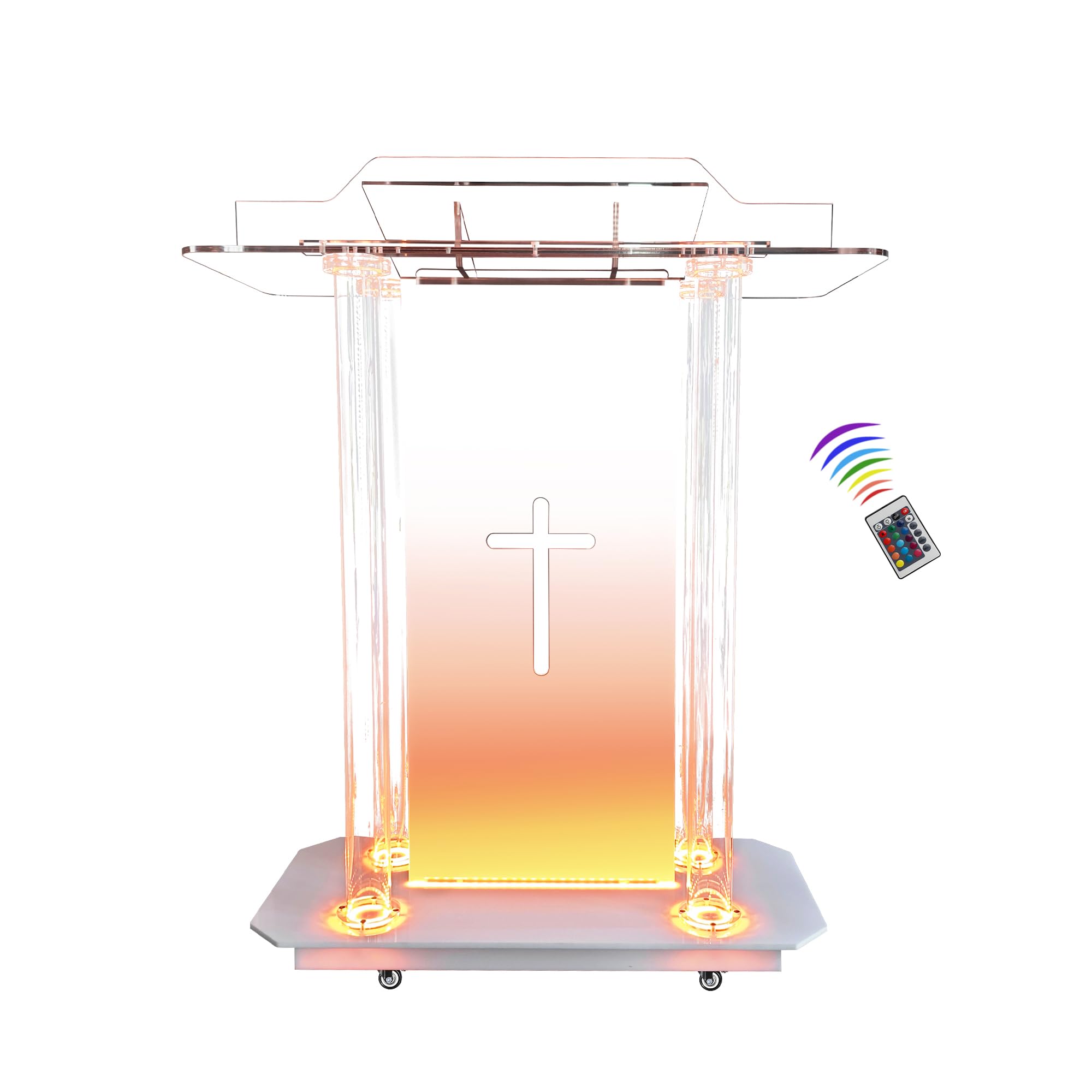 deenkk Cross Acrylic Pulpits for Churches, Clear Church Podium with 16 Colors Led Lights & Wheels, 46” Acrylic Podium with Incline Reading Platform for Church Wedding Concert Speech Classroom