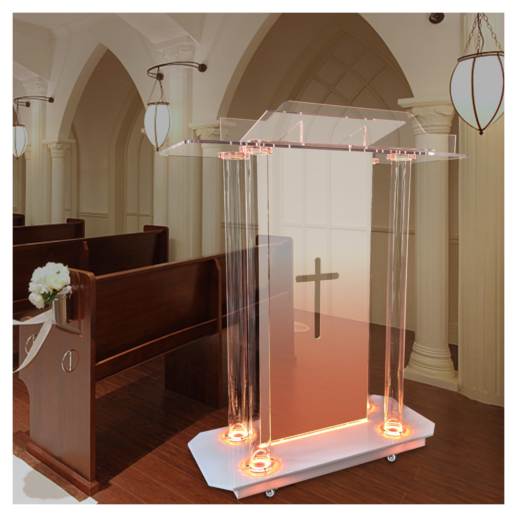 deenkk Cross Acrylic Pulpits for Churches, Clear Church Podium with 16 Colors Led Lights & Wheels, 46” Acrylic Podium with Incline Reading Platform for Church Wedding Concert Speech Classroom