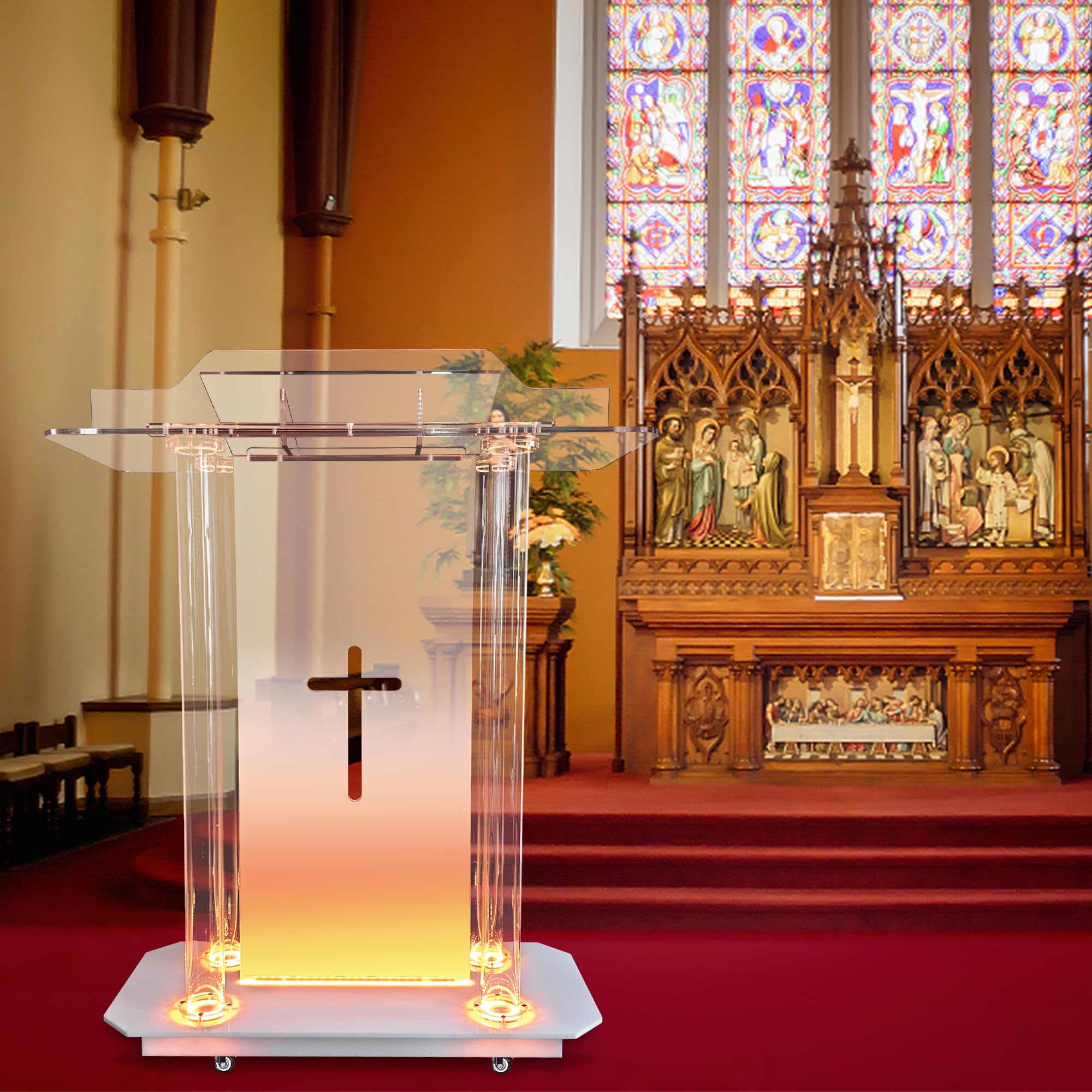 deenkk Cross Acrylic Pulpits for Churches, Clear Church Podium with 16 Colors Led Lights & Wheels, 46” Acrylic Podium with Incline Reading Platform for Church Wedding Concert Speech Classroom