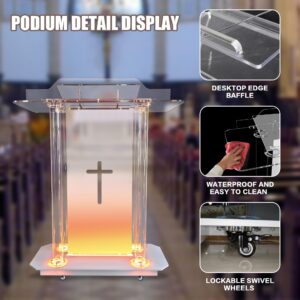 deenkk Cross Acrylic Pulpits for Churches, Clear Church Podium with 16 Colors Led Lights & Wheels, 46” Acrylic Podium with Incline Reading Platform for Church Wedding Concert Speech Classroom