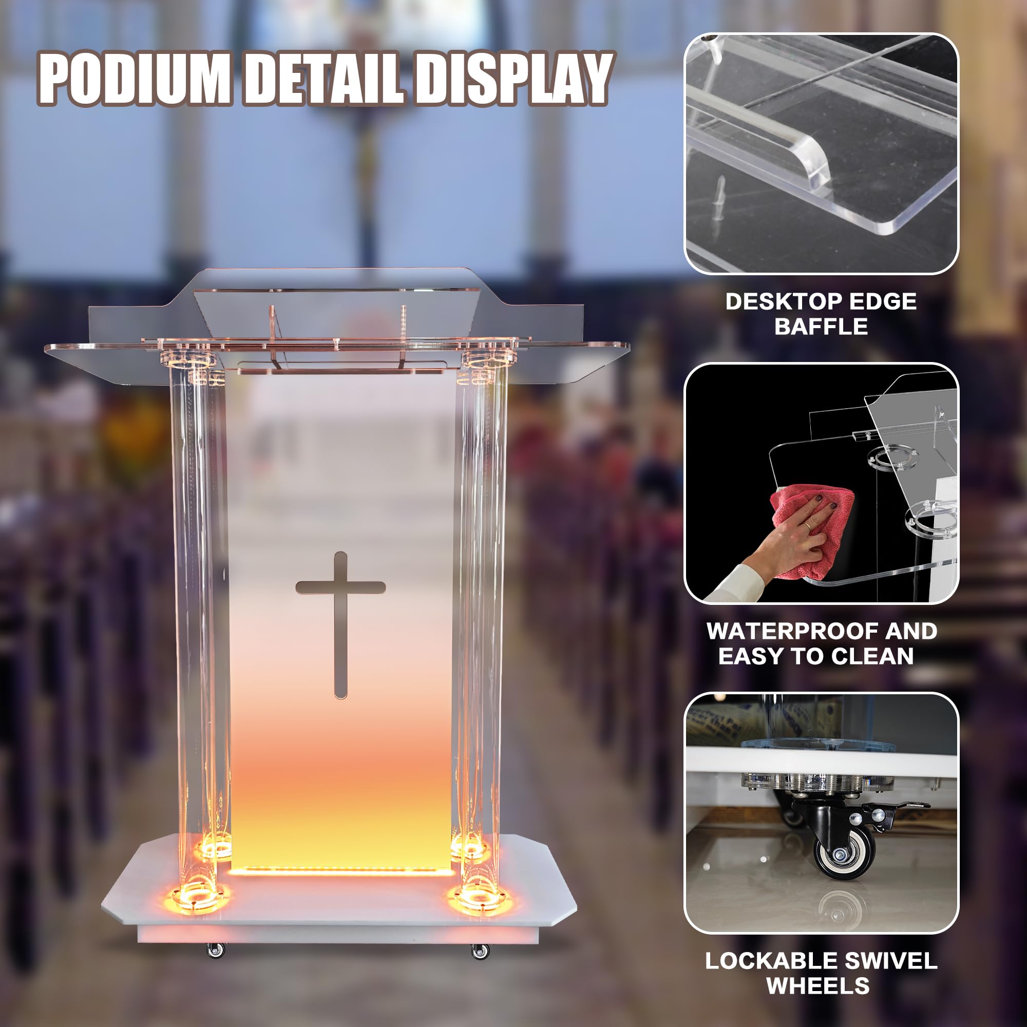 deenkk Cross Acrylic Pulpits for Churches, Clear Church Podium with 16 Colors Led Lights & Wheels, 46” Acrylic Podium with Incline Reading Platform for Church Wedding Concert Speech Classroom