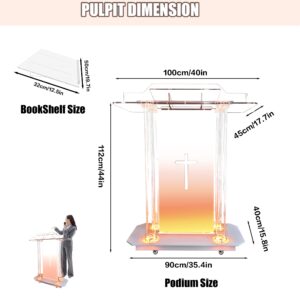 deenkk Cross Acrylic Pulpits for Churches, Clear Church Podium with 16 Colors Led Lights & Wheels, 46” Acrylic Podium with Incline Reading Platform for Church Wedding Concert Speech Classroom