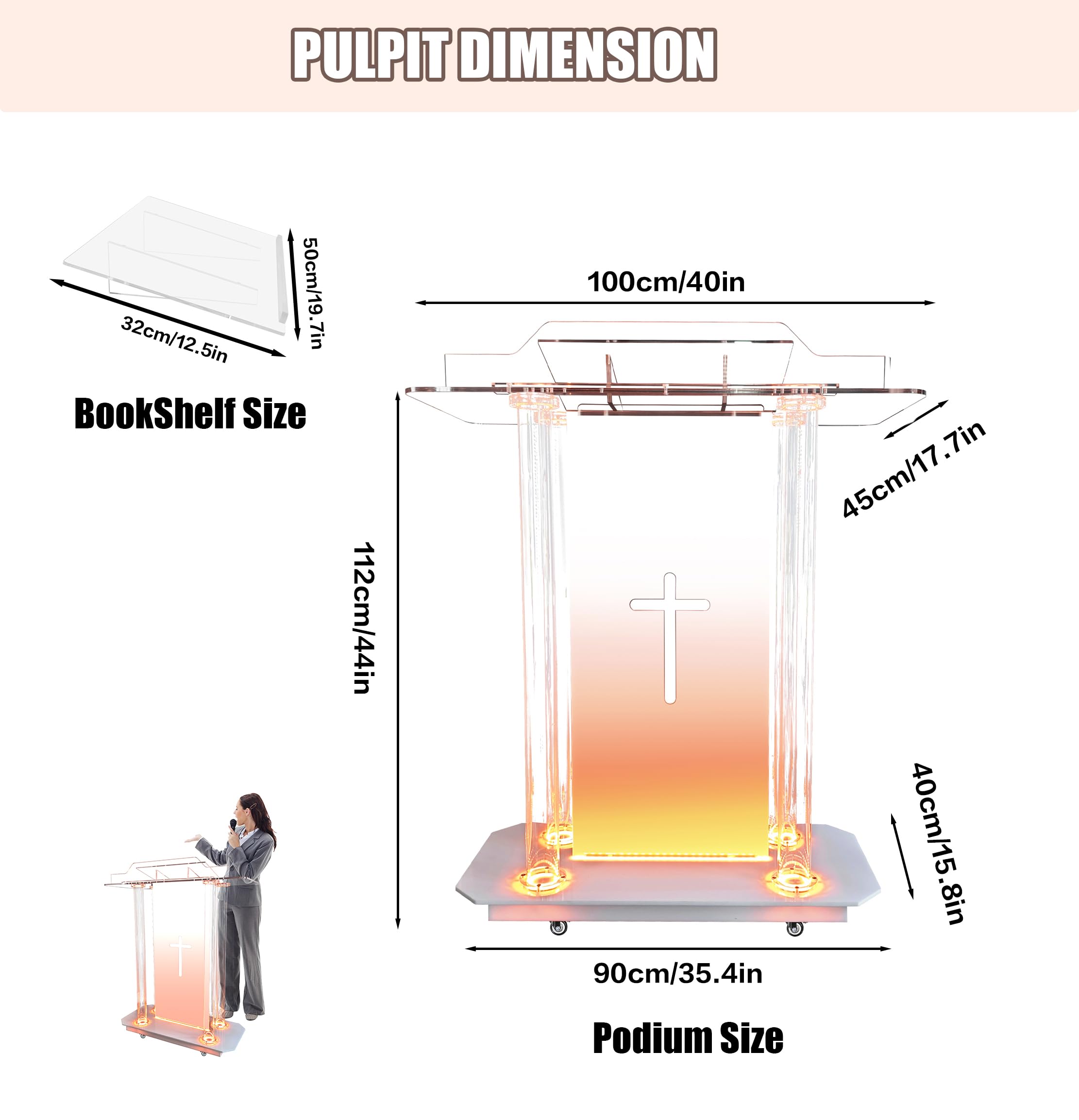 deenkk Cross Acrylic Pulpits for Churches, Clear Church Podium with 16 Colors Led Lights & Wheels, 46” Acrylic Podium with Incline Reading Platform for Church Wedding Concert Speech Classroom