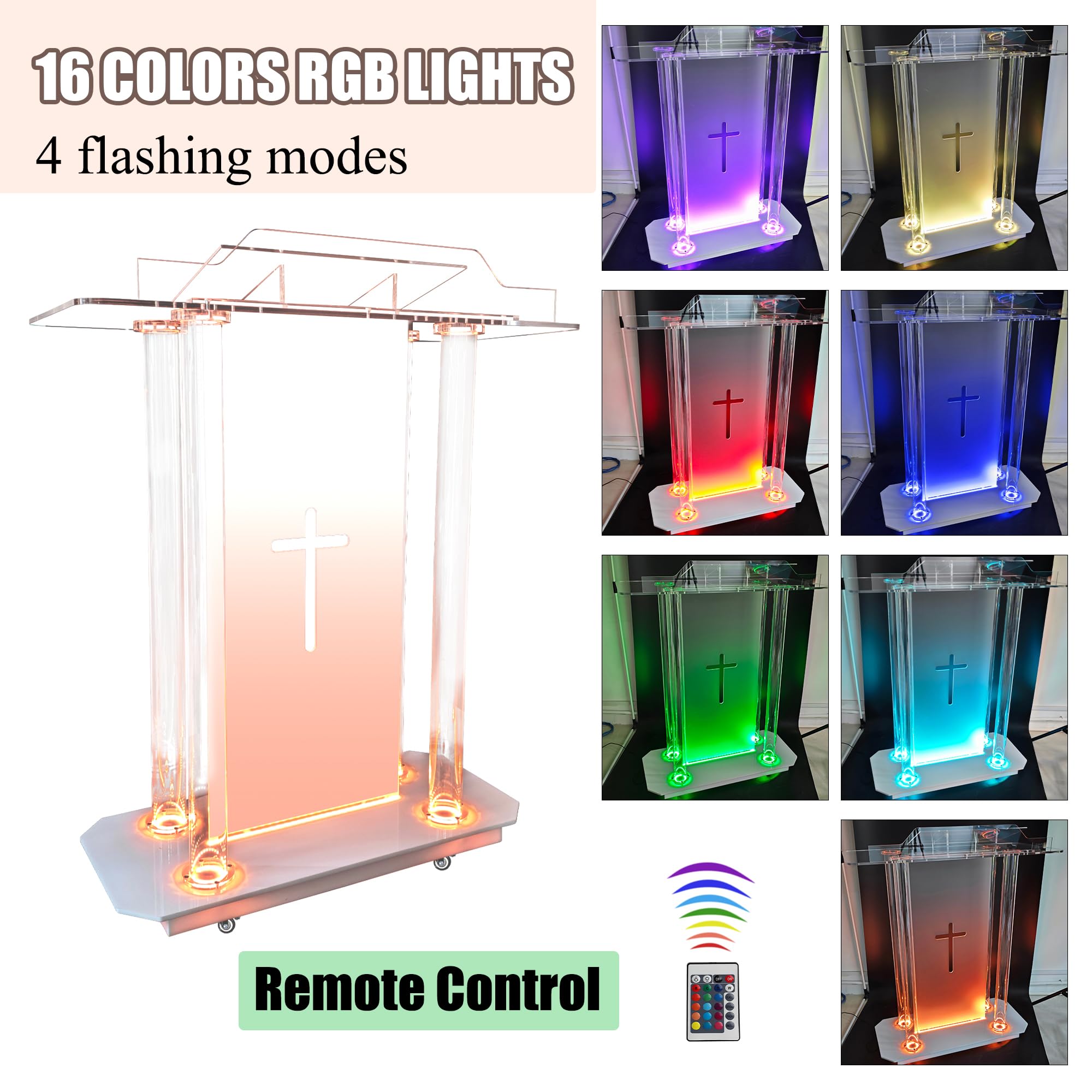 deenkk Cross Acrylic Pulpits for Churches, Clear Church Podium with 16 Colors Led Lights & Wheels, 46” Acrylic Podium with Incline Reading Platform for Church Wedding Concert Speech Classroom