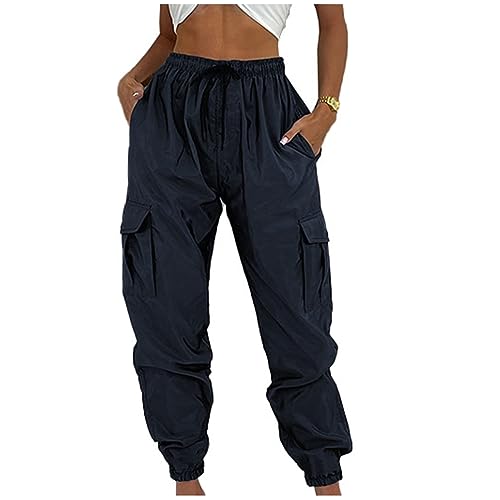 Warehouse Amazon Warehouse Deals Women Cargo Pants Combat Military Trousers Drawstring Elastic Waist Tapered Pants Baggy Slacks with Multiple Pockets Navy 2X Gray Pants for Women