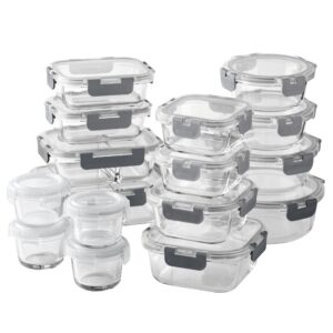 cook with color premium 32-pc. borosilicate glass food container set with dividers - 4 rectangles, 8 rounds, 4 squares - leakproof lids - meal prep, storage